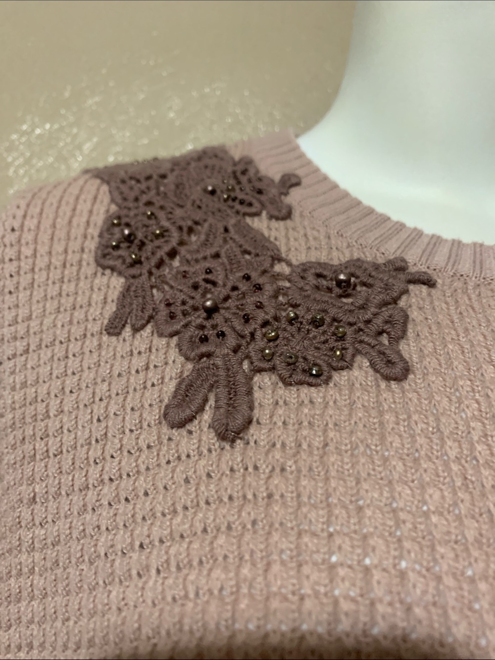 1. LOGO Lavish size L Layered Waffle-Knit Top Floral Applique - Dusty Pink - Picture 4 of 5